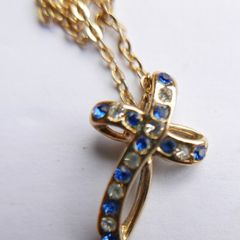 Vintage Gold Plated and Blue Austrian Crystal Cross Necklace length 16"