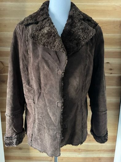 Shearling coat jacket fur suede leather women Gerry Webber size 10-12 brown