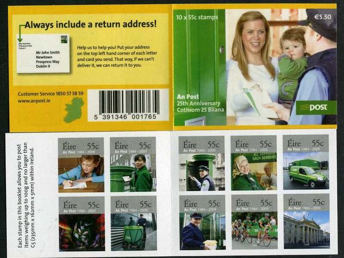 2009 Ireland 25 Years of An Post Self-ahsevie Commemorative Stamps Booklet Mint Never Hinged (MNH)