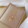 Cross Crucifix Pink Stone Crystal Gold Pendant Necklace Image 4