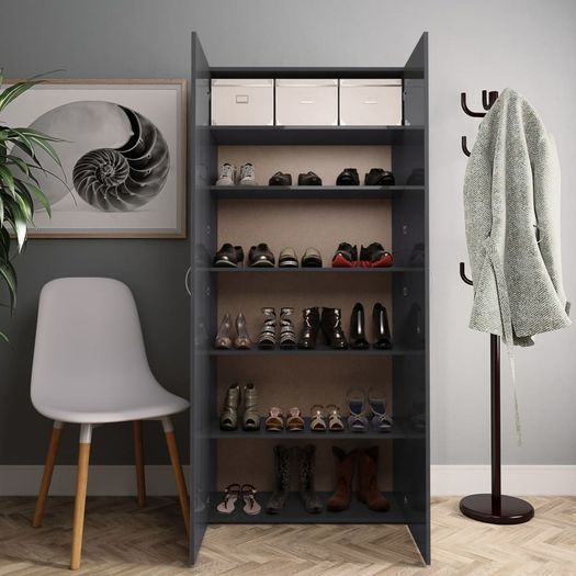 Shoe Cabinet High Gloss Grey 80x35.5x180 cm Chipboard