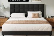 Double Bed Frame, Easy Assembly, Sturdy Wooden Slat Support, Upholstered Platform with Headboard, No Box Spring Needed, Black Double Bed 135x190