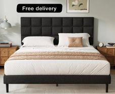 Double Bed Frame, Easy Assembly, Sturdy Wooden Slat Support, Upholstered Platform with Headboard, No Box Spring Needed, Black Double Bed 135x190
