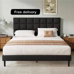Double Bed Frame, Easy Assembly, Sturdy Wooden Slat Support, Upholstered Platform with Headboard, No Box Spring Needed, Black Double Bed 135x190