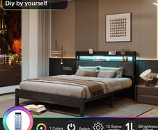5ft Upholstered Wooden Two-shelf Storage Headboard, Charging Station,LED Lights