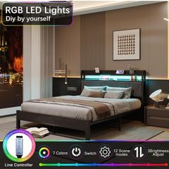 5ft Upholstered Wooden Two-shelf Storage Headboard, Charging Station,LED Lights