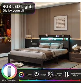 5ft Upholstered Wooden Two-shelf Storage Headboard, Charging Station,LED Lights