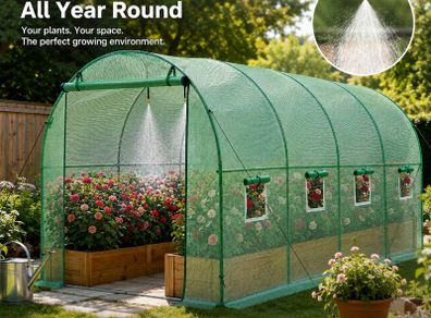 15ft x 7ft Walk-In Polytunnel Greenhouse with Built-In Irrigation System  Galvanised Steel Frame