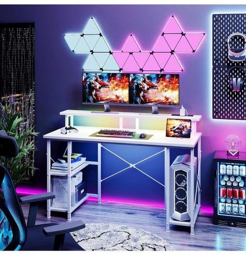 120x50cm Gaming Desk with LED Lights & Power Outlets,White Storage Shelves, Dual Monitor Stand, Home Office & Study, Work from Home, Bedroom, Small Spaces, Dorm, Space-Saving, Students