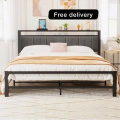 King Size Bed Frame with Storage Headboard, Metal Upholstered