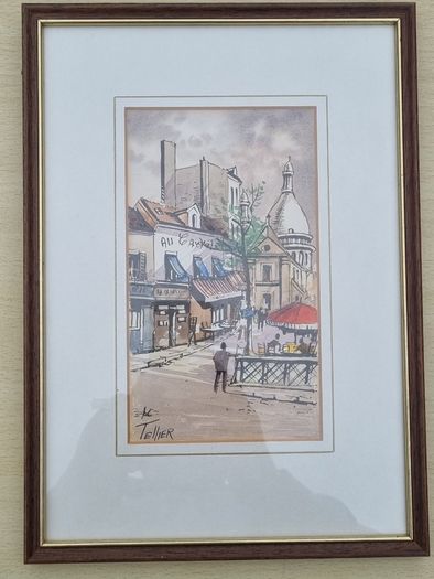 Original watercolor and ink by French artist Louis Tellier
