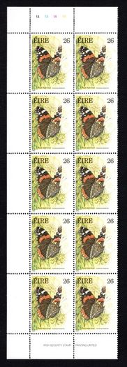 1985 Ireland Fauna & Flora Butterflies Commemorative Stamps Marginal left block of 10 with plate numbers Mint Never Hinged (MNH)