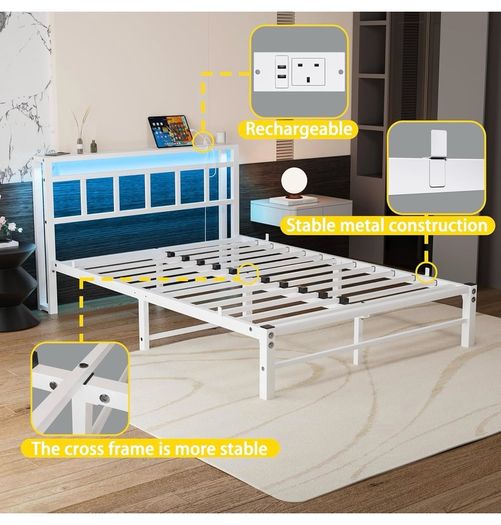 Double Bed Frame with Storage Headboard,4ft6 Bed Frame Double Bed Base with Charging Station and LED Lights,Metal Platform Double Bed 135x190,Mattress Base No Box Spring Needed,No Noise,White