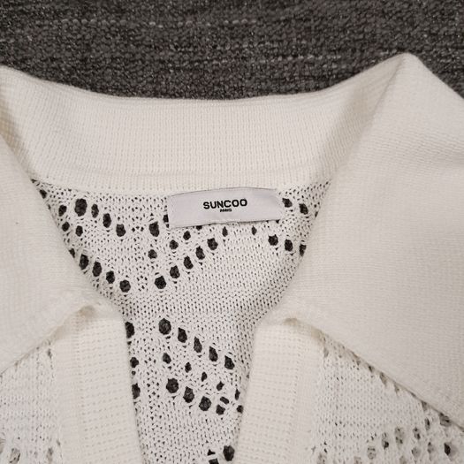 Suncoo Cream Off-White Crochet Knit Short Sleeve Polo Shirt Pointelle Top T3/12UK/40EU