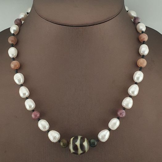 Himalayan Dzi Agate Pendant Necklace with Genuine Freshwater Pearls & Tourmaline