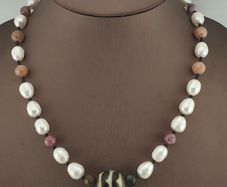 Himalayan Dzi Agate Pendant Necklace with Genuine Freshwater Pearls & Tourmaline