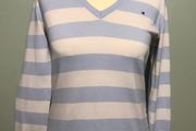Tommy Hilfiger Ladies Light Blue &amp; White Stripe V Neck Jumper Size Small