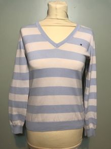 Tommy Hilfiger Ladies Light Blue & White Stripe V Neck Jumper Size Small