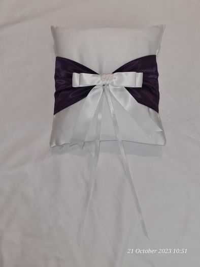 Handmade wedding ring cushion and flowergirl basket with purple detail
