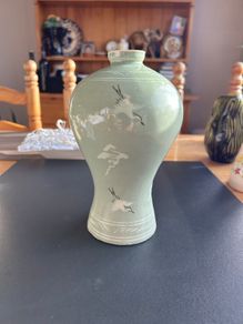 Vintage Korean Ceramic Vase Flying Cranes