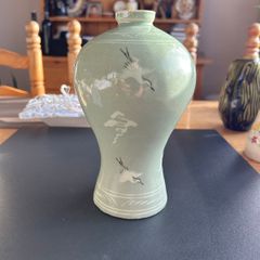 Vintage Korean Ceramic Vase Flying Cranes