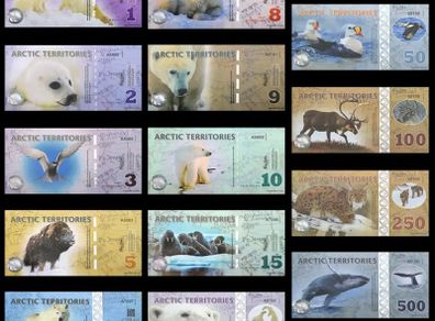Arctic Territories, Set 14 PCS, 1-500 Polar, Animal Polymer Banknote ( 2010 - 2017 ) Notes , UNC Codition, fantasy Note