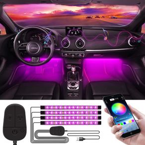 Interior Car Lights, Upgraded with controller and APP, Waterproof Multi DIY Color Music Under Dash Car Lighting kits, Sync with Music, 4pcs 48 LED Interior Lights with 5V USB Port