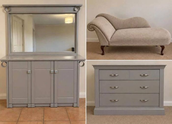 Selection of furniture - cabinet, drawers, and chaise longue