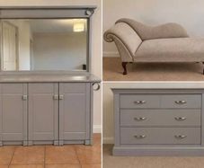 Selection of furniture - cabinet, drawers, and chaise longue