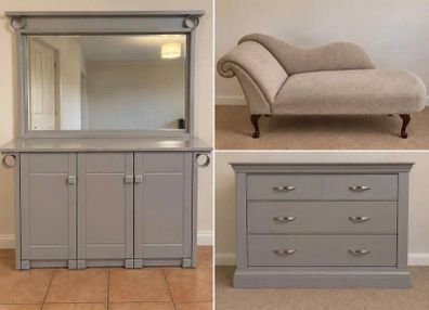 Selection of furniture - cabinet, drawers, and chaise longue