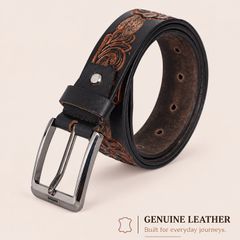 Unisex Genuine Leather Tooled Belt Vintage Floral Western Leather Belt