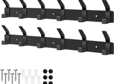 Coat Hooks Wall Mounted, 2 Packs Coat Hangers Wall Mounted with 6 Hooks, Rust-Proof Coat Racks for Jackets, Bags, Hats and Scarves, Wall Hanger for Bedroom, Bathroom, Kitchen (Black)