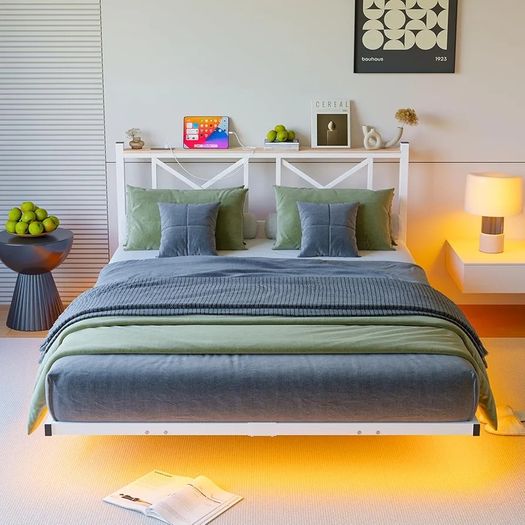 King Size Floating Bed Frame with LED Lights and Charging Station, Metal Platform Bed Frame King Size with Wooden Storage Headboard White and OAK