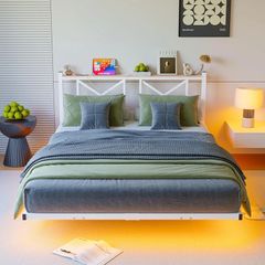King Size Floating Bed Frame with LED Lights and Charging Station, Metal Platform Bed Frame King Size with Wooden Storage Headboard White and OAK