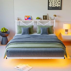 King Size Floating Bed Frame with LED Lights and Charging Station, Metal Platform Bed Frame King Size with Wooden Storage Headboard White and OAK