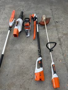 Stihl battery garden kit. Chain saw. Pole saw. Hedges strimmer. Lawn strimmer. Leaf blower. 2 x 36v batteries with fast ch