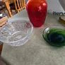 3 DIFFERENT ITMES- 1- Vintage Tangerine Orange Glass Vase. 28.00 euro. 2- Clear cut crystal or pressed glass with a spiral/ribbed optical design.15.00 euro. 3- Small bowl murano style as trinckelt dish or decoertive piece 25.00 euro. Image 2