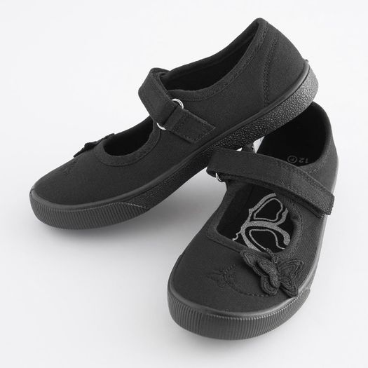 Next Butterfly Embroidered Black Plimsolls Shoes, Junior Size UK 12.5, EUR 31, Standard Fit
