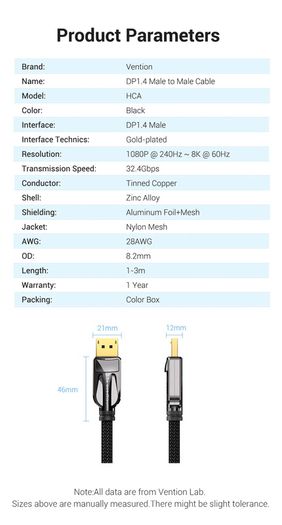 VENTION 3M Premium DisplayPort 1.4 UHD/3D 8K (7680x4320@60Hz) 32.4Gbps Luxury Model (Zinc Alloy/Nylon Braided/Gold Plated) Cable (Brand New/Warranty)