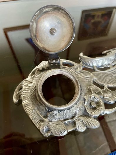 Vintage Art Nouveau Style Inkwell with Pen Tray Ink Pot Insert and Glass Dip Pen