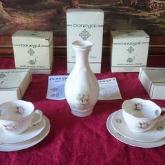 7 Piece Brand New In Box Donegal Floral Irish Parian China Tea Set With Vase For Two Person Setting. Made In Ireland.