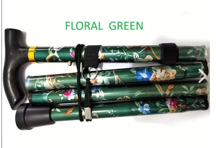 Folding Walking Stick, Green Floral.