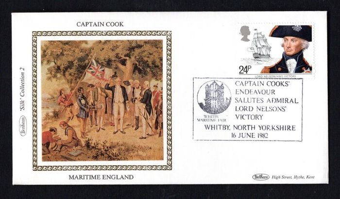 1982 Great Britain Benham Silke Cover showing Captain Cooks Endeavours tying 24p Lord Nelson and H.M.S. Victory commemorative stamp