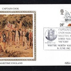 1982 Great Britain Benham Silke Cover showing Captain Cooks Endeavours tying 24p Lord Nelson and H.M.S. Victory commemorative stamp