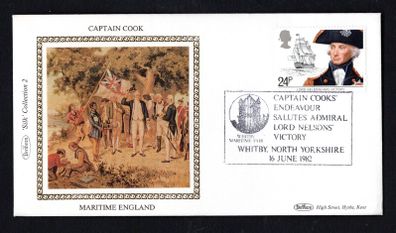 1982 Great Britain Benham Silke Cover showing Captain Cooks Endeavours tying 24p Lord Nelson and H.M.S. Victory commemorative stamp
