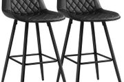 _Set of 2 Bar Chairs, High Stools, Kitchen Seat, Metal Frame, with Backrest and Padded Seat, Metal Footrest, PU Padded Surface, Load 120 kg, Black