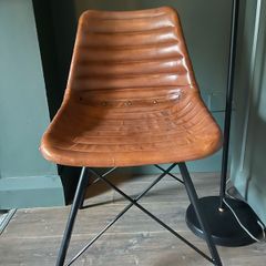Pair of leather mid-century modern dining chairs, handmade, metal frame