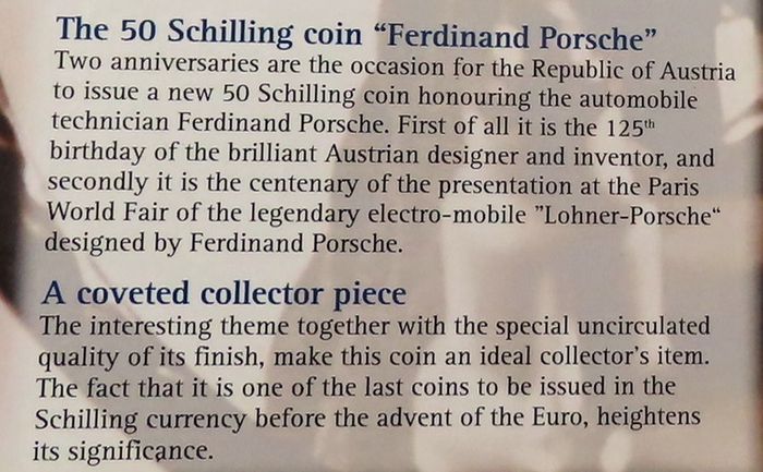 Porsche Coincard | Ferdinand Porsche | Special UNC Austria 50 schilling 2000