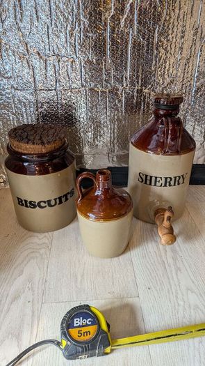 Vintage Pearsons of Chesterfield Stoneware Kitchen Set, Biscuits Jar, Sherry Dispenser and jar