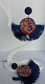 Navy Multi Coloured Crystal Fringe Disc Earrings